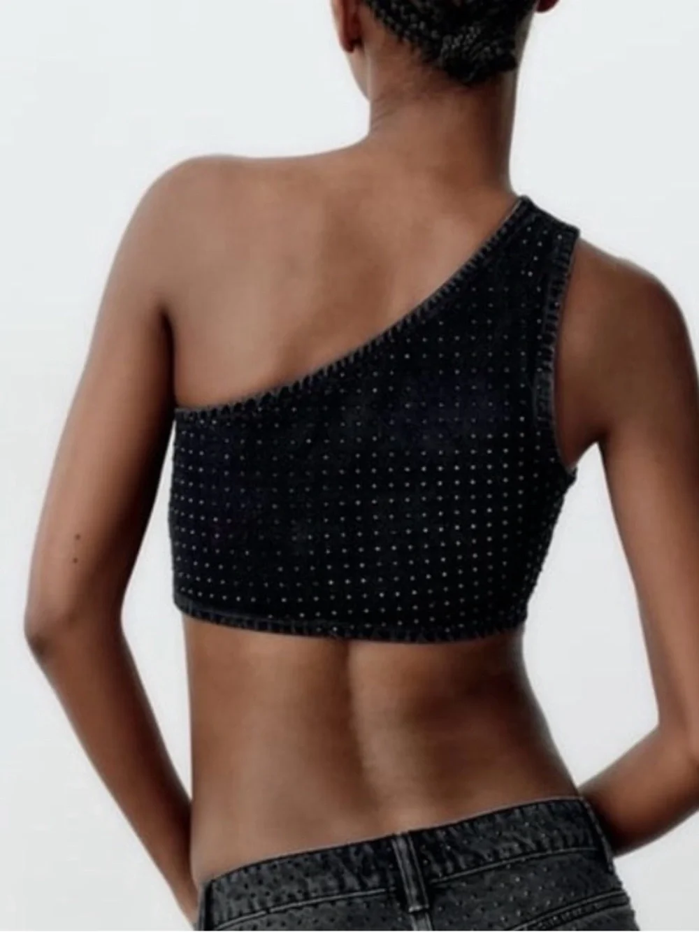 Zara Black One-Shoulder Studded Crop Top